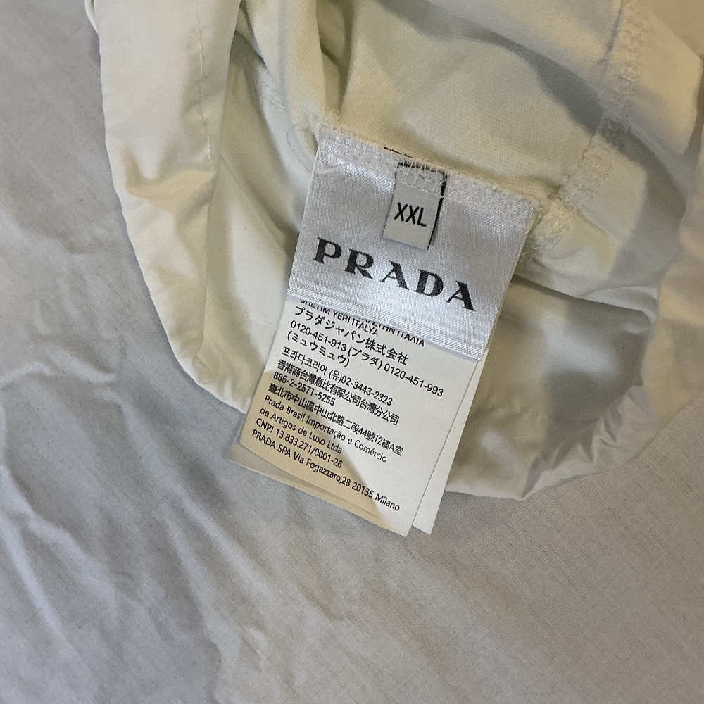 Used Designer Prada Milano Logo Mens XXL White T-Shirt With Pull-Tie Bottoms.
